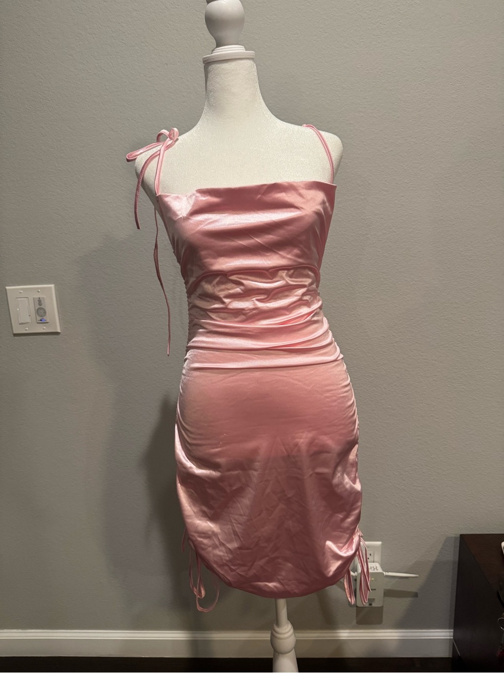 Pink Satin Tie-Shoulder Ruched Mini Dress